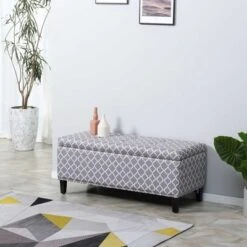 HOMCOM Large 42" Tufted Linen Fabric Upholstery Storage Ottoman Bench With Lift-top For Living Room, Entryway, Or Bedroom - Gray Lattice