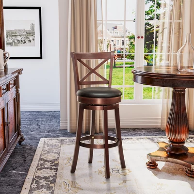 HOMCOM Traditional Bar Stool, 31 Inch Seat Height Barstool, Swivel PU Leather Upholstered Chair, With Cross Back And Rubberwood Frame 4 HOMCOM Traditional Bar Stool, 31 Inch Seat Height Barstool, Swivel PU Leather Upholstered Chair, With Cross Back And Rubberwood Frame - Image 2