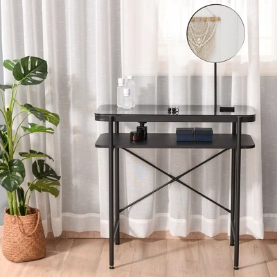 HOMCOM Modern Glasstop Vanity Table With Mirror, Makeup Dressing Table With Rotating Round Mirror, Shelves For Perfumes, Cosmetics, Lotions, Black 3 HOMCOM Modern Glasstop Vanity Table With Mirror, Makeup Dressing Table With Rotating Round Mirror, Shelves For Perfumes, Cosmetics, Lotions, Black
