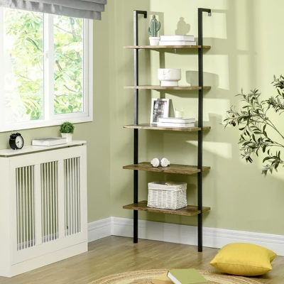 HOMCOM Industrial 5 Tier Ladder Shelf, Wall Mount Storage Shelves Bookcase With Metal Frame, Corner Unit, Plant Flower Rack For Living Room, Balcony, Brown 3 HOMCOM Industrial 5 Tier Ladder Shelf, Wall Mount Storage Shelves Bookcase With Metal Frame, Corner Unit, Plant Flower Rack For Living Room, Balcony, Brown