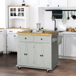 HOMCOM Kitchen Island On Wheels, Rolling Cart With Rubber Wood Top, Spice Rack, Towel Rack & Drawers For Dining Room, Gray 9 HOMCOM Kitchen Island On Wheels, Rolling Cart With Rubber Wood Top, Spice Rack, Towel Rack & Drawers For Dining Room, Gray -Homcom GUEST ccb1455a 6c8e 41aa 9e57 212be128a799