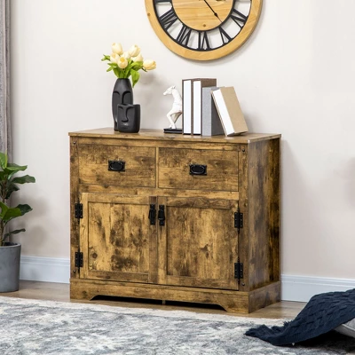 HOMCOM Rustic Storage Cabinet Sideboard With 2 Drawers And 2 Cupboard, Distressed Brown 4 HOMCOM Rustic Storage Cabinet Sideboard With 2 Drawers And 2 Cupboard, Distressed Brown - Image 2
