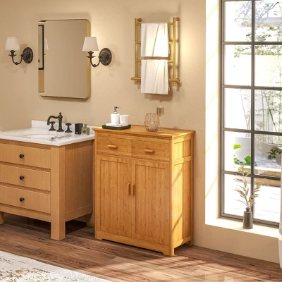 HOMCOM Bathroom Storage Cabinet, Bamboo Floor Cabinet Organizer With Doors And Adjustable Shelves, Natural 3 HOMCOM Bathroom Storage Cabinet, Bamboo Floor Cabinet Organizer With Doors And Adjustable Shelves, Natural