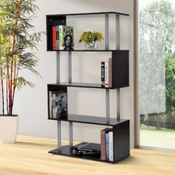 HomCom Modern S-Shaped 5 Tier Room Dividing Bookcase Wooden Storage Display Stand Shelf - Black