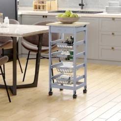 HOMCOM 32.25" Wooden Rolling Kitchen Storage Cart, Kitchen Island With Storage Drawer And Baskets On 360° Swivel Wheels