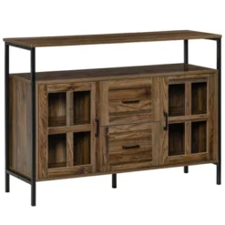 HOMCOM Rustic Kitchen Sideboard, Serving Buffet Storage Cabinet With Adjustable Shelves, Glass Doors, And 2 Drawers For Living Room -Homcom GUEST d4ed44e8 8739 40d3 8660 39fcc46235d5