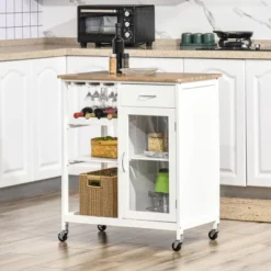 HOMCOM Utility Kitchen Cart, Rolling Kitchen Island Storage Trolley With Rack, Shelves, Drawer And Cabinet, White