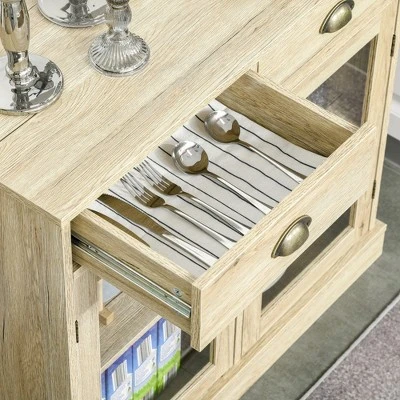 HOMCOM Rustic Farmhouse Sideboard, Buffet Cabinet With 2 Glass Doors, Adjustable Shelves And 2 Drawers For Kitchen, Living Room, Oak 7 HOMCOM Rustic Farmhouse Sideboard, Buffet Cabinet With 2 Glass Doors, Adjustable Shelves And 2 Drawers For Kitchen, Living Room, Oak - Image 5