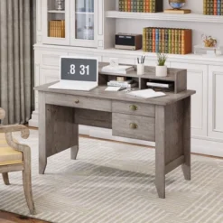 HOMCOM Computer Table Writing Desk With Hutch 3 Drawers, Open Cabinets, Top Shelf, Wide Tabletop, Cable Management, Gray