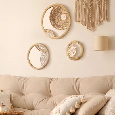HOMCOM Set Of 3 Wood Wall Mirror, Home Modern Round Mirror For Wall In Living Room, Bedroom, Natural 3 HOMCOM Set Of 3 Wood Wall Mirror, Home Modern Round Mirror For Wall In Living Room, Bedroom, Natural