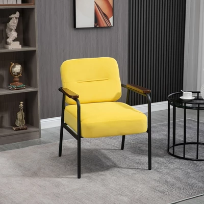 HOMCOM Modern Accent Chair With Cushioned Seat And Back, Upholstered Velvet Armchair For Bedroom, Living Room Chair With Arms And Steel Legs, Yellow 4 HOMCOM Modern Accent Chair With Cushioned Seat And Back, Upholstered Velvet Armchair For Bedroom, Living Room Chair With Arms And Steel Legs, Yellow - Image 2
