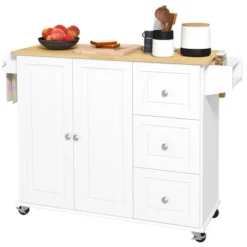 HOMCOM Kitchen Island With Drop Leaf, Rolling Kitchen Cart On Wheels With 3 Drawers, Cabinet, Natural Wood Top, Spice Rack And Towel Rack, White 9 HOMCOM Kitchen Island With Drop Leaf, Rolling Kitchen Cart On Wheels With 3 Drawers, Cabinet, Natural Wood Top, Spice Rack And Towel Rack, White -Homcom GUEST ded0e503 0144 4f5f 8e54 e97a76e8064f