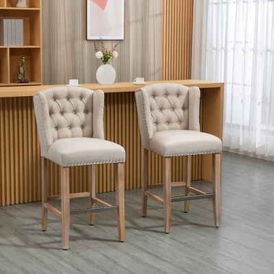 HOMCOM Counter Height Bar Stools Set Of 2, Upholstered 26.75" Seat Height Barstools, Breakfast Chairs With Nailhead-Trim & Tufted Back, Wood Legs 4 HOMCOM Counter Height Bar Stools Set Of 2, Upholstered 26.75" Seat Height Barstools, Breakfast Chairs With Nailhead-Trim & Tufted Back, Wood Legs - Image 2
