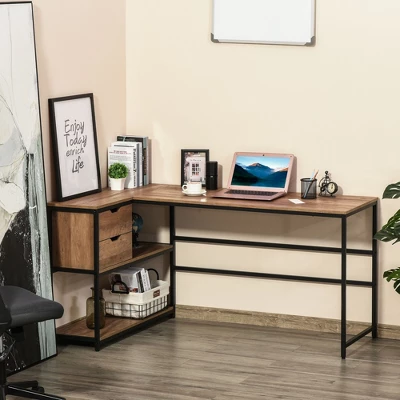 HOMCOM L-Shaped Home Office Writing Desk With Storage Shelf Drawer Industrial Corner PC Study Table Computer Workstation Brown 3 HOMCOM L-Shaped Home Office Writing Desk With Storage Shelf Drawer Industrial Corner PC Study Table Computer Workstation Brown