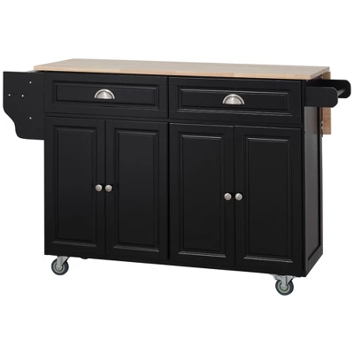 HOMCOM Rolling Kitchen Island On Wheels, Kitchen Cart With Solid Wood Drop Leaf Breakfast Bar, Storage Drawers, 4-Door Cabinets, Spice Rack, Black 5 HOMCOM Rolling Kitchen Island On Wheels, Kitchen Cart With Solid Wood Drop Leaf Breakfast Bar, Storage Drawers, 4-Door Cabinets, Spice Rack, Black - Image 3
