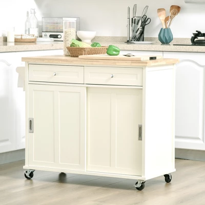 HOMCOM 43" Rolling Kitchen Island, Kitchen Storage Cart On Wheels With Sliding Doors, Cabinet, 2 Drawers, And Towel Rack, Cream White 4 HOMCOM 43" Rolling Kitchen Island, Kitchen Storage Cart On Wheels With Sliding Doors, Cabinet, 2 Drawers, And Towel Rack, Cream White - Image 2