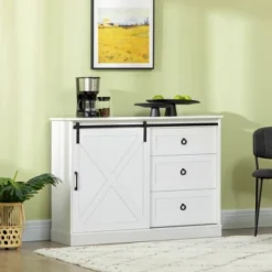 HOMCOM Farmhouse Coffee Bar Cabinet, Kitchen Sideboard, Buffet Cabinet With Sliding Barn Door And 3 Storage Drawers For Living Room, White -Homcom GUEST ee4d150a 540b 4839 8e28 69918f6c8319