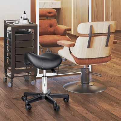 HOMCOM Rolling Saddle Stool, Swivel Salon Chair, Ergonomic Faux Leather Stool, Adjustable Height With Wheels For Spa, Salon, Massage, Office, Black 4 HOMCOM Rolling Saddle Stool, Swivel Salon Chair, Ergonomic Faux Leather Stool, Adjustable Height With Wheels For Spa, Salon, Massage, Office, Black - Image 2