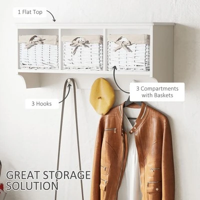 HomCom 32" Rustic Floating Shelf With Coat Hooks And Baskets - Antique White 4 HomCom 32" Rustic Floating Shelf With Coat Hooks And Baskets - Antique White - Image 2