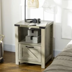 HOMCOM Farmhouse Side Table With 1 Drawer, 1 Open Shelf And Tabletop For Living Room, Set Of 2, Gray Oak