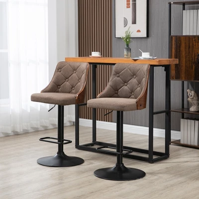 HOMCOM Counter Height Bar Stools Set Of 2, Height Adjustable Swivel Barstools With Footrest And Tufted Back, Linen Fabric Bar Chairs, Brown 3 HOMCOM Counter Height Bar Stools Set Of 2, Height Adjustable Swivel Barstools With Footrest And Tufted Back, Linen Fabric Bar Chairs, Brown