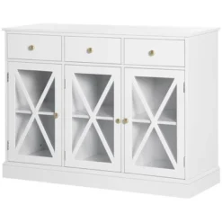 HOMCOM 45" Farmhouse Style Kitchen Sideboard, Serving Buffet Cabinet, Storage Cupboard With Glass Doors And 3 Drawers, White -Homcom GUEST f6116e70 a051 41e8 9620 be03f93ca455