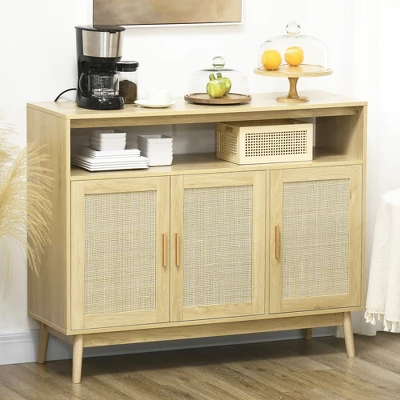 HOMCOM Kitchen Sideboard With 2 Cabinets, Boho Buffet Cabinet With 3 Rattan Decorated Doors And Adjustable Shelf, Coffee Bar Cabinet 3 HOMCOM Kitchen Sideboard With 2 Cabinets, Boho Buffet Cabinet With 3 Rattan Decorated Doors And Adjustable Shelf, Coffee Bar Cabinet