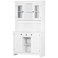 HOMCOM Freestanding Rustic Buffet With Hutch, 4 Doors Farmhouse Kitchen Pantry Cabinet, Microwave Stand With Beadboard Panel, Drawer, White 9 HOMCOM Freestanding Rustic Buffet With Hutch, 4 Doors Farmhouse Kitchen Pantry Cabinet, Microwave Stand With Beadboard Panel, Drawer, White -Homcom GUEST faa2edc3 f508 4bd1 8860 842a439ad3ab