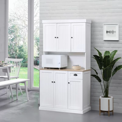 HOMCOM Buffet With Hutch, Kitchen Pantry Storage Cabinet With Microwave Oven Countertop, Drawer, And Cupboards, White 3 HOMCOM Buffet With Hutch, Kitchen Pantry Storage Cabinet With Microwave Oven Countertop, Drawer, And Cupboards, White