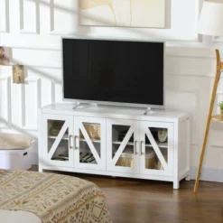 HOMCOM TV Cabinet Stand For TVs Up To 58", Entertainment Center With Adjustable Shelves, 4 Glass Doors And 4 Cable Holes For Living Room, White -Homcom GUEST ffc85536 704a 4440 9756 e19b92ac473e